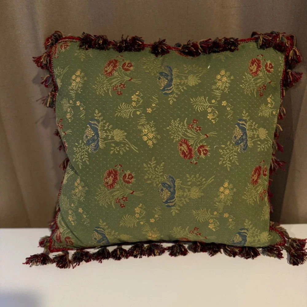 Floral Botanical Tossed Print Throw Pillow Tassels Green Red Blue